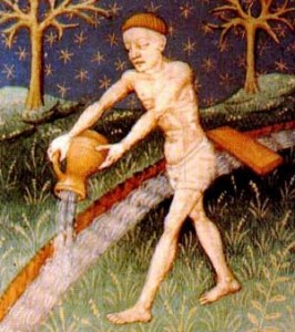 Aquarius-PD- medieval book of astrology-15th century מזל דלי. מקור: ויקיפדיה ברשיון שימוש חופשי PD. איור מתוך: medieval book of astrology 15th century